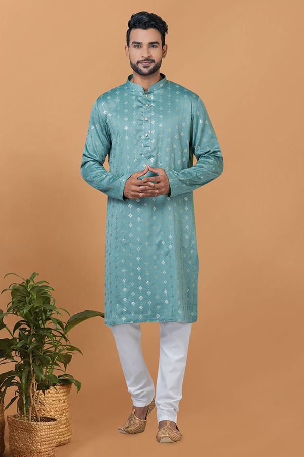 Picture of Classy Blue Mens Designer Kurta and Churidar Set for Festive or Engagement