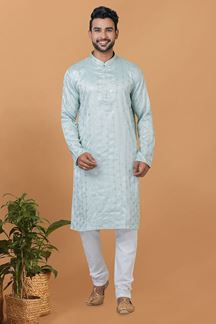 Picture of Appealing Sky Blue Mens Designer Kurta and Churidar Set for Festive or Engagement