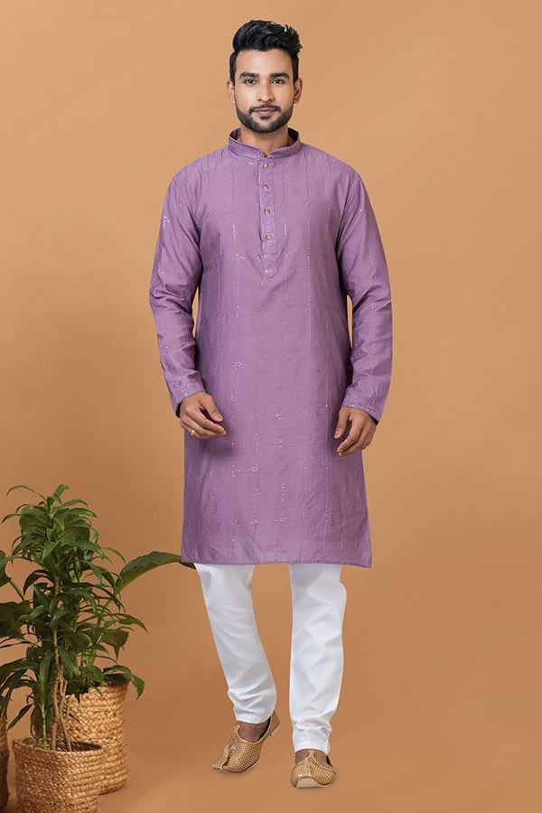 Picture of Fashionable Purple Mens Designer Kurta and Churidar Set for Wedding or Sangeet