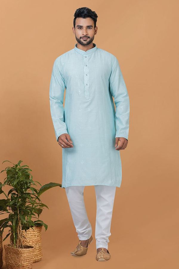 Picture of Magnificent Sky Blue Mens Designer Kurta Set for Festive or Engagement