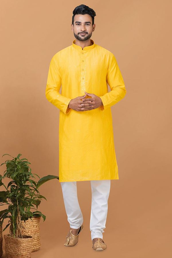 Picture of Marvelous Yellow Mens Designer Kurta Set for Festive or Haldi