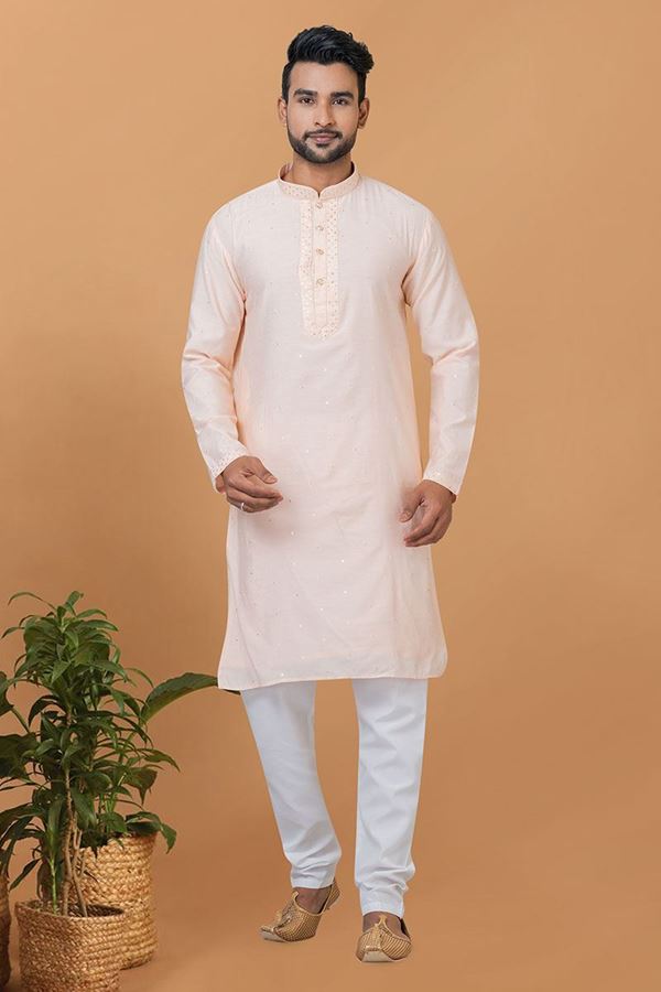 Picture of Attractive Light Peach Mens Designer Kurta and Churidar Set for Festive or Engagement