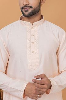 Picture of Attractive Light Peach Mens Designer Kurta and Churidar Set for Festive or Engagement