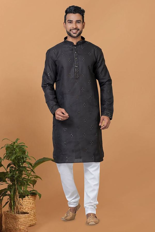 Picture of Stylish Black Mens Designer Kurta Set for Sangeet or Engagement