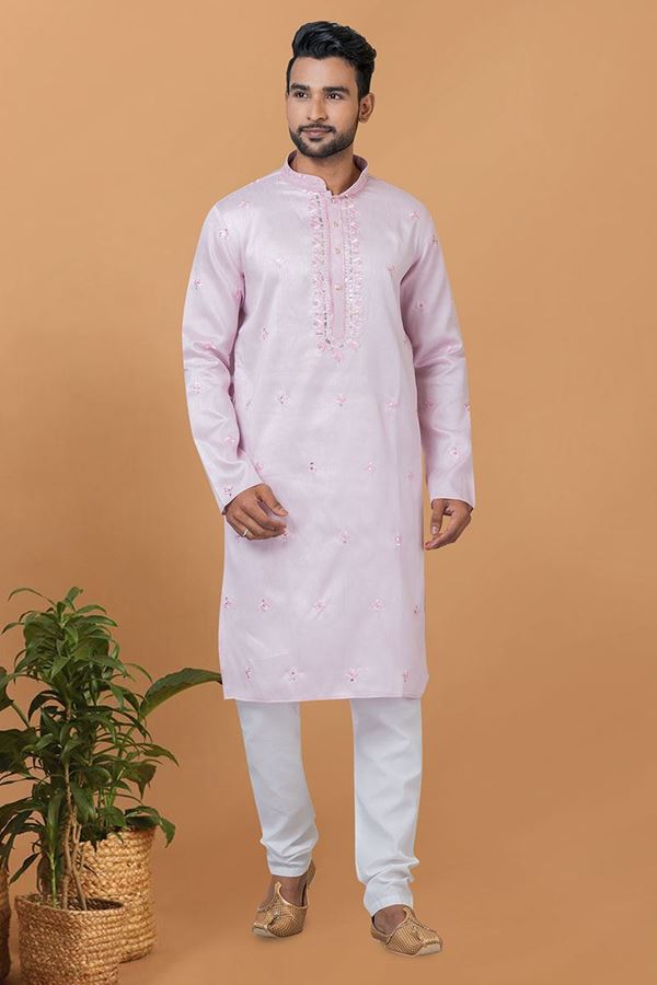 Picture of Royal Light Pink Mens Designer Kurta and Churidar Set for Festive or Engagement