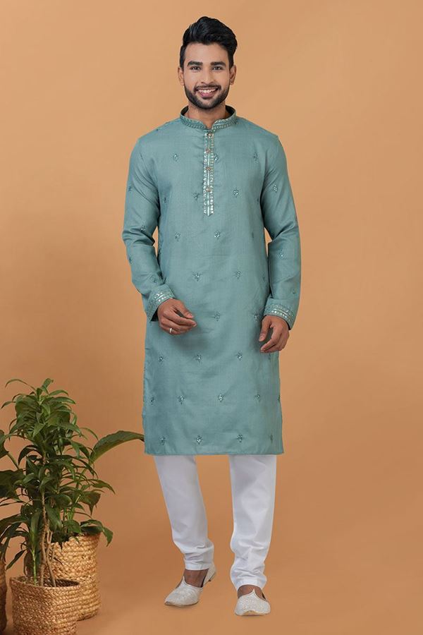 Picture of Spectacular Blue Mens Designer Kurta and Churidar Set for Festive or Engagement