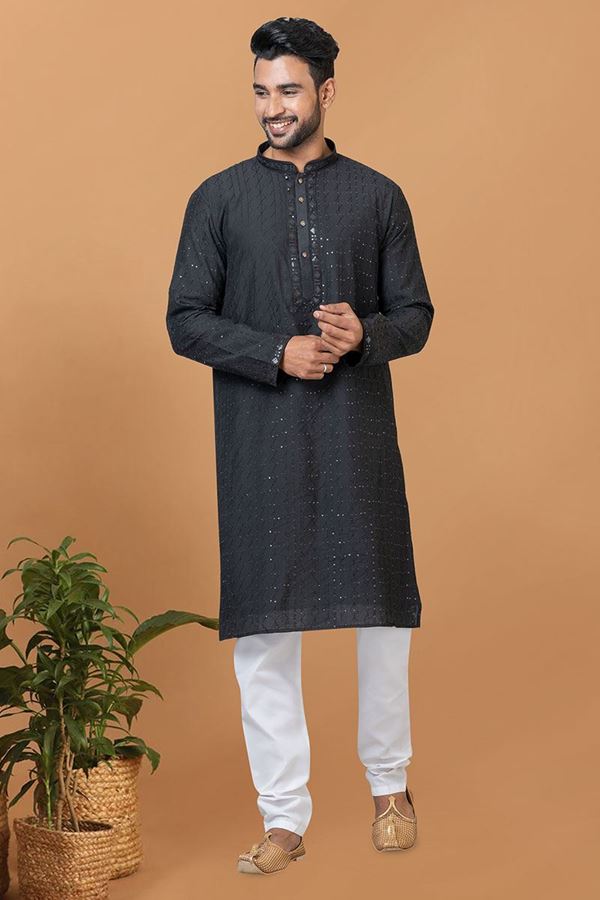 Picture of Exuberant Black Mens Designer Kurta and Churidar Set for Sangeet or Engagement