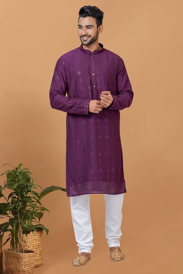 Picture of Exquisite Purple Mens Designer Kurta Set for Sangeet or Engagement