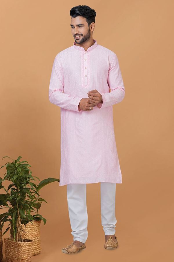 Picture of Aesthetic Light Pink Mens Designer Kurta and Churidar Set for Sangeet or Engagement