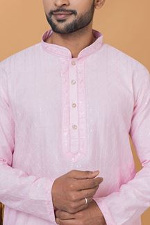 Picture of Aesthetic Light Pink Mens Designer Kurta and Churidar Set for Sangeet or Engagement