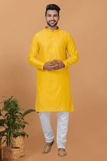 Picture of Artistic Yellow Mens Designer Kurta and Churidar Set for Festive or Haldi