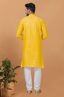 Picture of Artistic Yellow Mens Designer Kurta and Churidar Set for Festive or Haldi