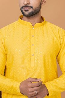 Picture of Artistic Yellow Mens Designer Kurta and Churidar Set for Festive or Haldi