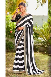 Picture of Impressive Black & white Stripes Designer Saree for Party