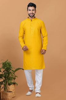 Picture of Vibrant Mustard Mens Designer Kurta and Churidar Set for Festive or Haldi