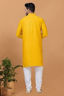 Picture of Vibrant Mustard Mens Designer Kurta and Churidar Set for Festive or Haldi