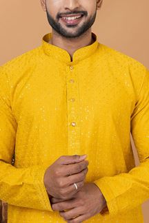 Picture of Vibrant Mustard Mens Designer Kurta and Churidar Set for Festive or Haldi