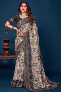 Picture of Divine Beige & Black Designer Saree for Party or Sangeet