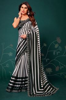 Picture of Classy Black & White Stripes Designer Saree for Party or Sangeet