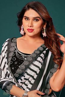 Picture of Classy Black & White Stripes Designer Saree for Party or Sangeet