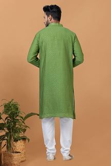 Picture of Spectacular Olive Green Mens Designer Kurta and Churidar Set for Festive or Mehendi