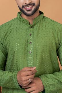 Picture of Spectacular Olive Green Mens Designer Kurta and Churidar Set for Festive or Mehendi