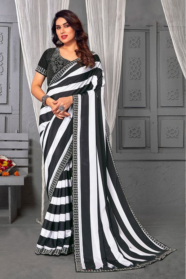 Picture of Dashing Black & White Stripes Designer Saree for Party or Sangeet