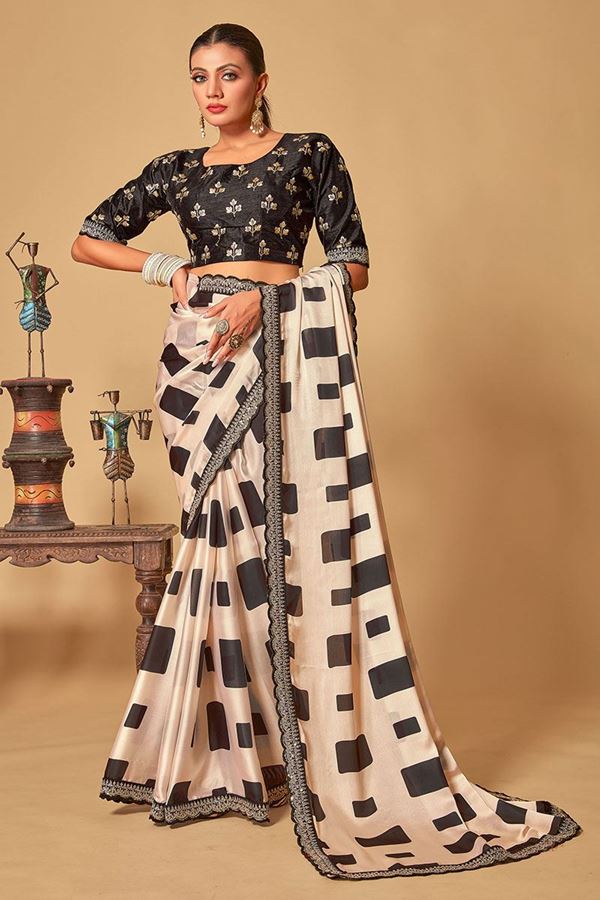 Picture of Stylish Cream and Black Designer Saree for Party