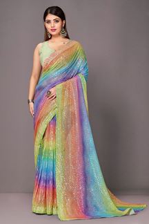Picture of Flamboyant Rainbow Colored Designer Saree for Party or Sangeet