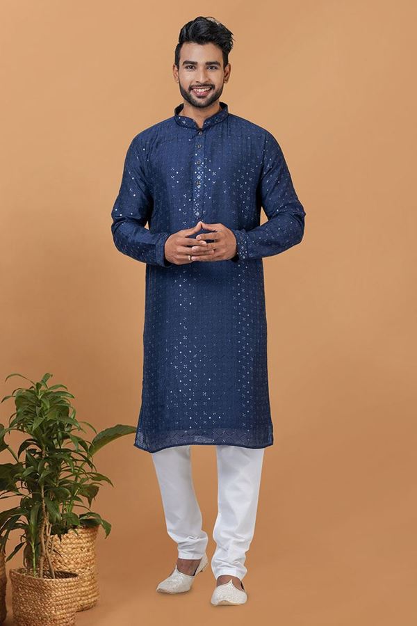 Picture of Majestic Navy Blue Mens Designer Kurta and Churidar Set for Sangeet or Wedding