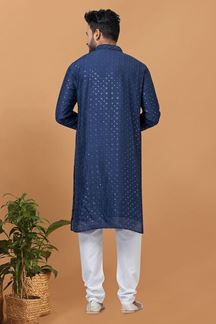 Picture of Majestic Navy Blue Mens Designer Kurta and Churidar Set for Sangeet or Wedding