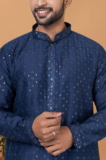 Picture of Majestic Navy Blue Mens Designer Kurta and Churidar Set for Sangeet or Wedding