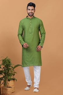 Picture of Appealing Olive Green Mens Designer Kurta and Churidar Set for Festive or Mehendi