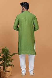 Picture of Appealing Olive Green Mens Designer Kurta and Churidar Set for Festive or Mehendi