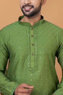 Picture of Appealing Olive Green Mens Designer Kurta and Churidar Set for Festive or Mehendi