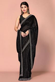 Picture of Royal Black Designer Saree for Party or Sangeet