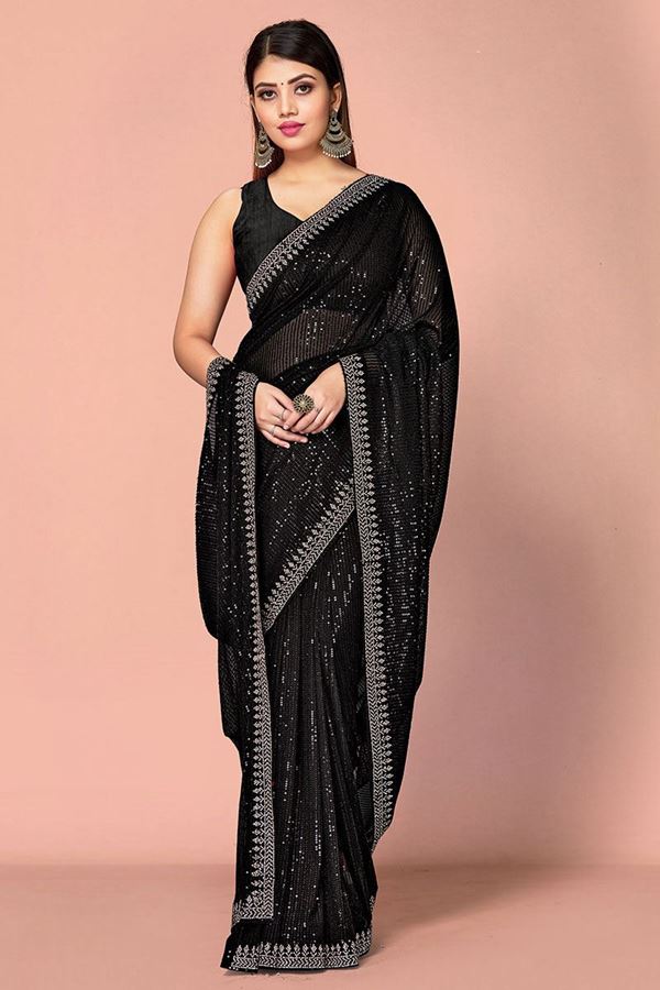 Picture of Royal Black Designer Saree for Party or Sangeet