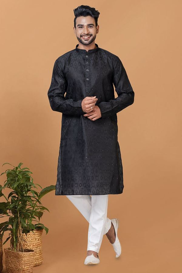 Picture of Classy Black Silk Mens Designer Kurta Set for Sangeet or Party