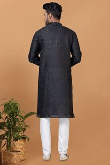 Picture of Classy Black Silk Mens Designer Kurta Set for Sangeet or Party