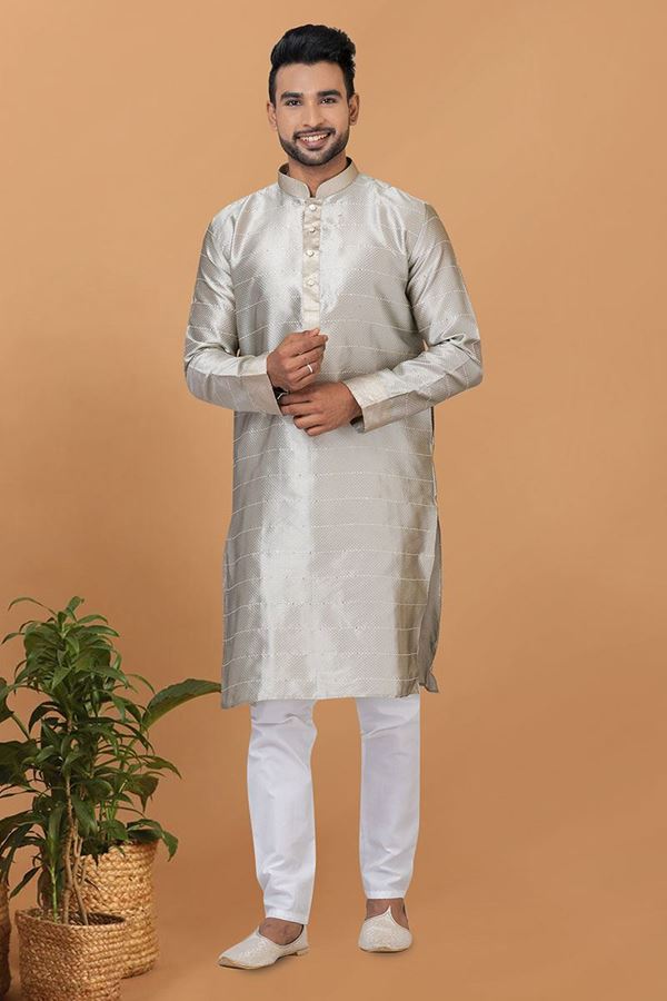 Picture of Exuberant Grey Mens Silk Designer Kurta and Churidar Set for Festive or Engagement