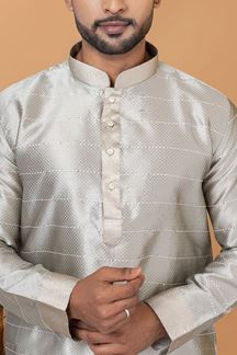 Picture of Exuberant Grey Mens Silk Designer Kurta and Churidar Set for Festive or Engagement