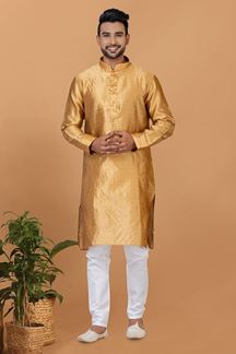 Picture of Charming Golden Mens Silk Designer Kurta Set for Wedding or Engagement