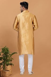 Picture of Charming Golden Mens Silk Designer Kurta Set for Wedding or Engagement