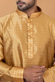 Picture of Charming Golden Mens Silk Designer Kurta Set for Wedding or Engagement