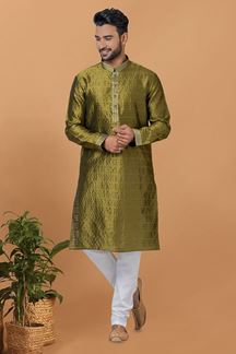 Picture of Aesthetic Mehendi Green Mens Designer Kurta and Churidar Set for Festive or Mehendi