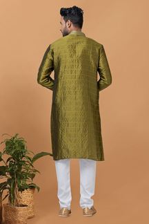 Picture of Aesthetic Mehendi Green Mens Designer Kurta and Churidar Set for Festive or Mehendi