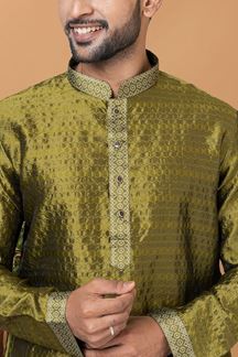 Picture of Aesthetic Mehendi Green Mens Designer Kurta and Churidar Set for Festive or Mehendi