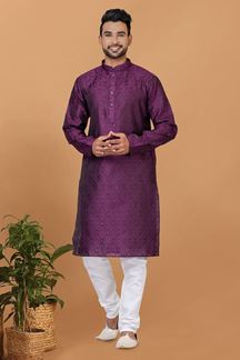 Picture of Impressive Purple Silk Mens Designer Kurta and Churidar Set for Festive or Engagement