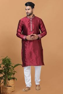 Picture of Awesome Maroon Mens Silk Designer Kurta and Churidar Set for Festive or Sangeet