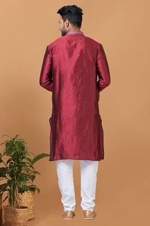 Picture of Awesome Maroon Mens Silk Designer Kurta and Churidar Set for Festive or Sangeet